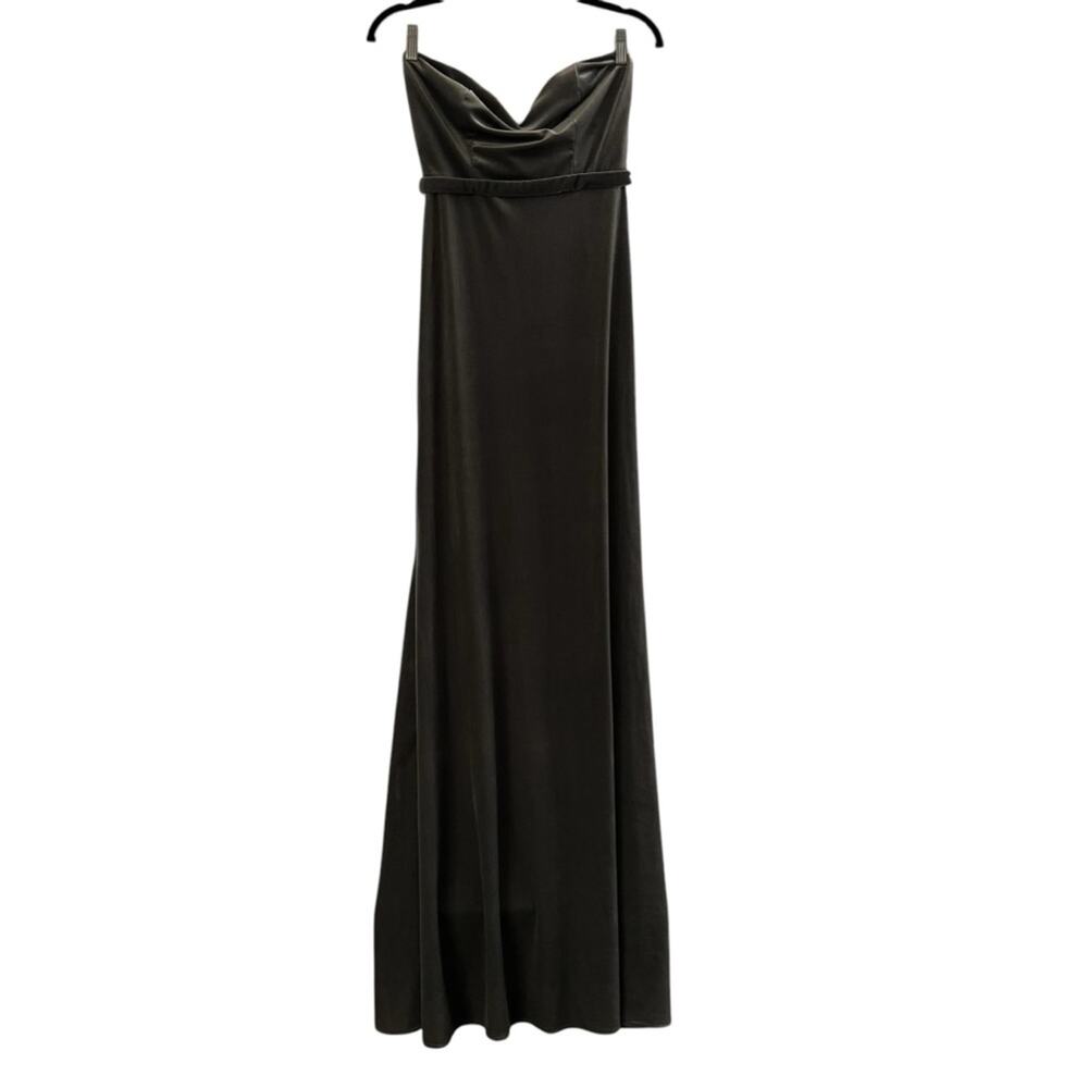 Bari Jay Velvet Silver Gray Strapless Bridesmaid Maxi Dress